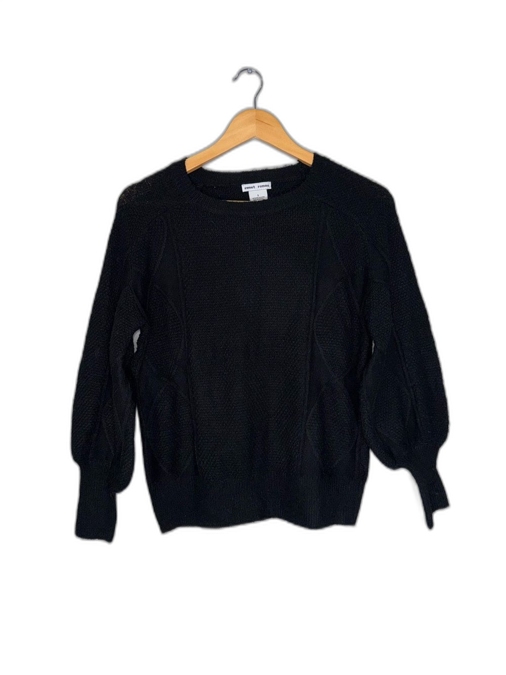 Sweet Romeo Sweater Women’s Small Black Textured Crewneck Balloon Sleeves NEW !